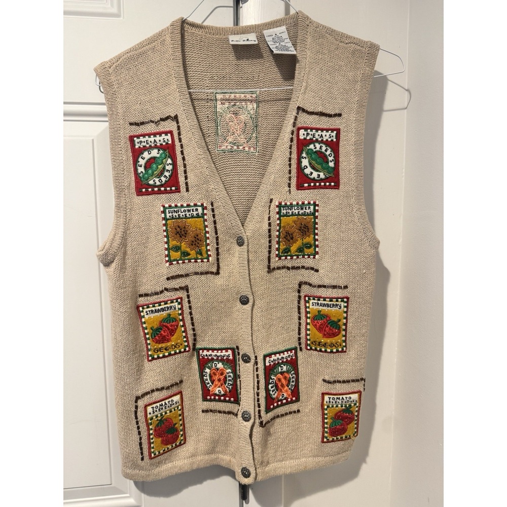 Vintage Bobbie Brooks Women's Seed Packets Beaded Sweater Vest Beige S Garden